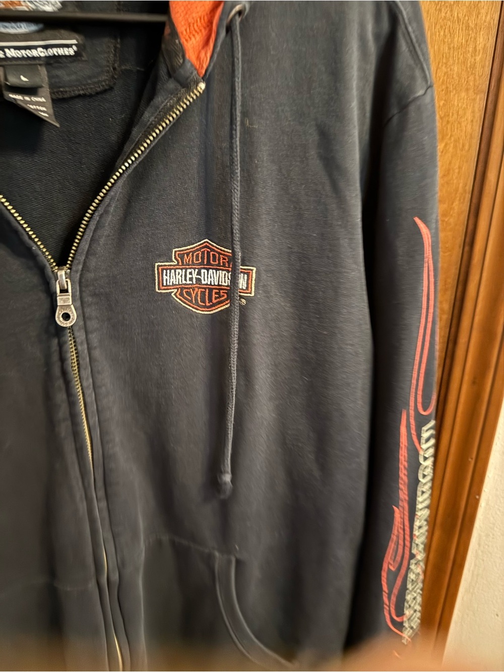 Harley-Davidson Black Hoodie with Orange Hood and Flame Sleeves - Picture 3 of 13